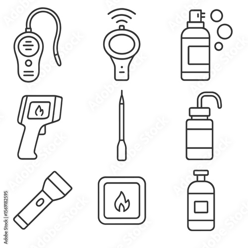 Gas Leak Detection Icons. Line style icons of Gas Cylinder Leak Detection Tools: gas sniffer, ultrasonic detector, bubble test