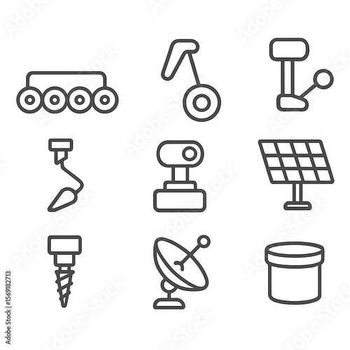Exploration Robot Icons. Line style icons of Exploration Robot Modules: rover chassis, suspension wheel, sample scoop, sensor mast