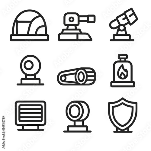 Combat Robot Icons. Line style icons of Combat Robot Features: armored shell, weapon turret, nozzle launcher, sensor turret, skid