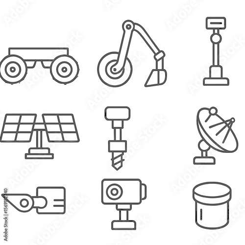 Exploration Robot Icons. Line style icons of Exploration Robot Modules: rover chassis, suspension wheel, sample scoop, sensor mast