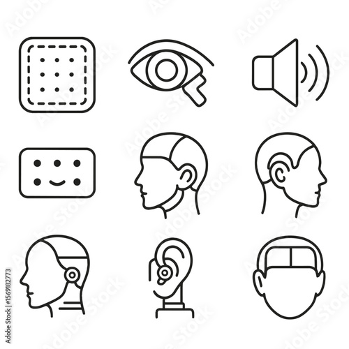 Android Facial Feature Icons. Line style icons of Android Facial Features: synthetic skin patch, robotic eye lens, jaw hinge,