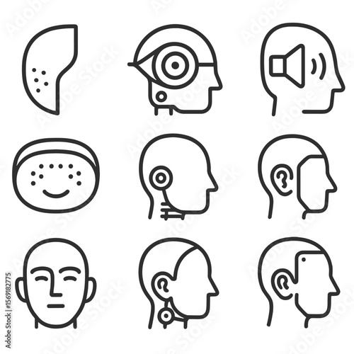 Android Facial Feature Icons. Line style icons of Android Facial Features: synthetic skin patch, robotic eye lens, jaw hinge,