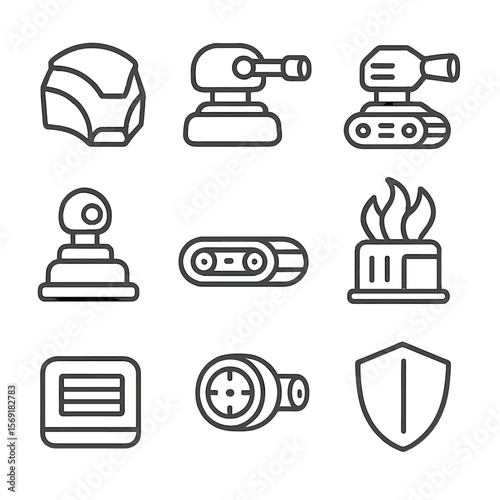 Combat Robot Icons. Line style icons of Combat Robot Features: armored shell, weapon turret, nozzle launcher, sensor turret, skid