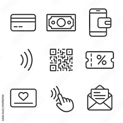 Payment Methods Icons. Line style icons of Payment Methods & Apps: credit card icon, cash icon, mobile wallet phone, NFC wave