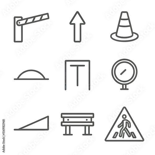 Traffic Flow Icons. Line style icons of Traffic Flow & Guidance: entry barrier gate, directional arrow marking, lane divider cone,
