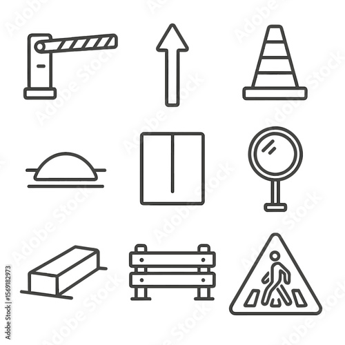 Traffic Flow Icons. Line style icons of Traffic Flow & Guidance: entry barrier gate, directional arrow marking, lane divider cone,