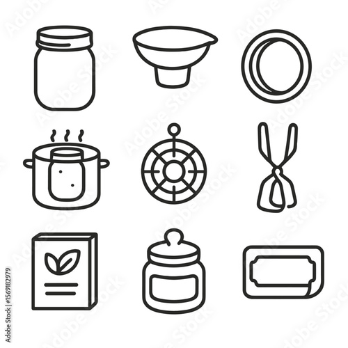 Canning Essentials Icons. Line style icons of Canning & Preserving Fruits: mason jar, canning funnel, lid ring, boiling water bath