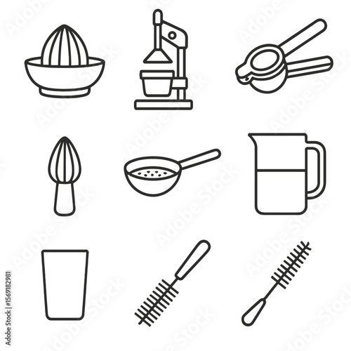 Fruit Juicing Tools Icons. Line style icons of Fruit Juicing Tools: citrus juicer, manual press juicer, electric juicer, handheld