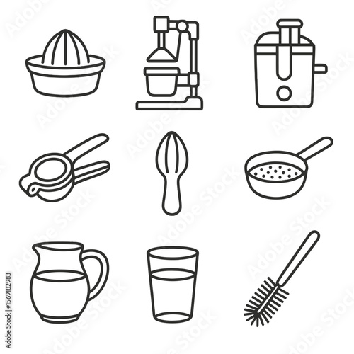 Fruit Juicing Tools Icons. Line style icons of Fruit Juicing Tools: citrus juicer, manual press juicer, electric juicer, handheld