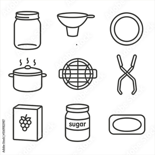 Canning Essentials Icons. Line style icons of Canning & Preserving Fruits: mason jar, canning funnel, lid ring, boiling water bath
