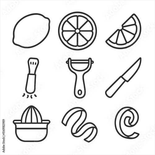 Citrus Prep Icon Set. Line style icons of Citrus Zesting & Slicing: lemon half, orange slice, grapefruit wedge, zester tool,