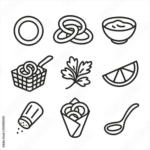 Onion Rings Icons. Line style icons of Onion Rings Selection: single onion ring, stacked rings, dipping sauce bowl, basket of