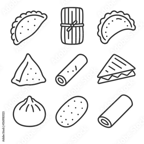 Frozen Ethnic Foods Icons. Line style icons of Frozen Ethnic Foods: empanada, tamale, pierogi, samosa, taquito, spanakopita, baozi