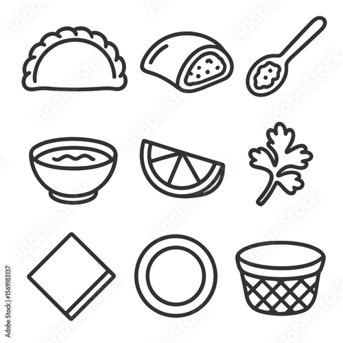 Empanada Icon Collection. Line style icons of Empanadas Selection: whole empanada, cut empanada half, filling spoon, dipping sauce
