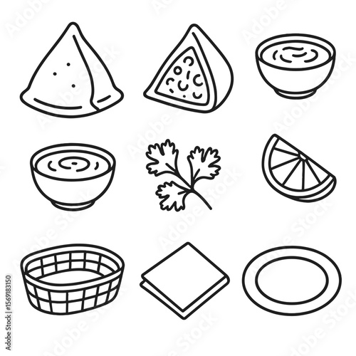 Samosa Snack Icons. Line style icons of Samosa Snack Box: samosa, cut samosa piece, mint chutney bowl, tamarind chutney bowl,