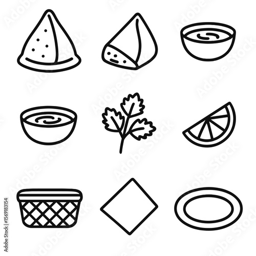 Samosa Snack Icons. Line style icons of Samosa Snack Box: samosa, cut samosa piece, mint chutney bowl, tamarind chutney bowl,