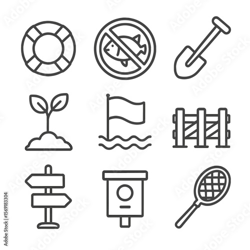 Conservation Icons Set. Line style icons of Conservation Measures: life buoy, no fishing sign, clean-up shovel, reforestation