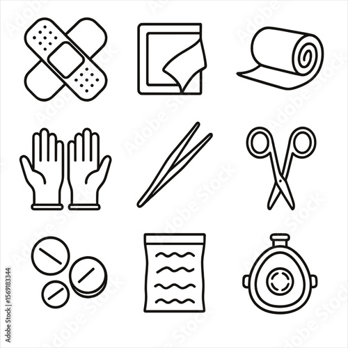 First Aid Icons. Line style icons of First Aid Essentials: adhesive bandages, antiseptic wipes, gauze roll, sterile gloves,