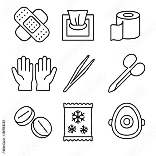 First Aid Icons. Line style icons of First Aid Essentials: adhesive bandages, antiseptic wipes, gauze roll, sterile gloves,