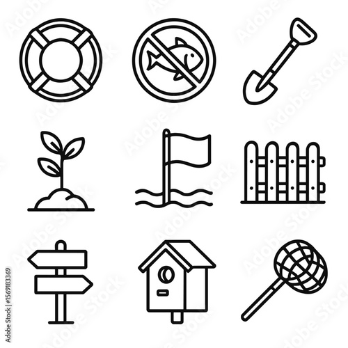 Conservation Icons Set. Line style icons of Conservation Measures: life buoy, no fishing sign, clean-up shovel, reforestation