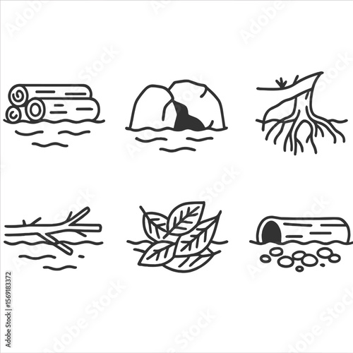 Riparian Fauna Icons. Line style icons of Riparian Fauna Shelters: log jam, rock crevice, undercut bank, root wad, submerged