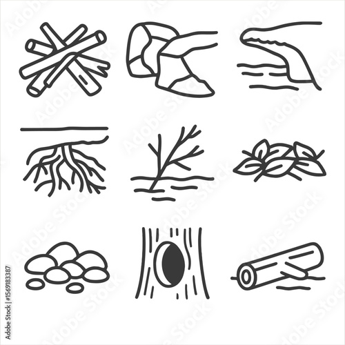 Riparian Fauna Icons. Line style icons of Riparian Fauna Shelters: log jam, rock crevice, undercut bank, root wad, submerged