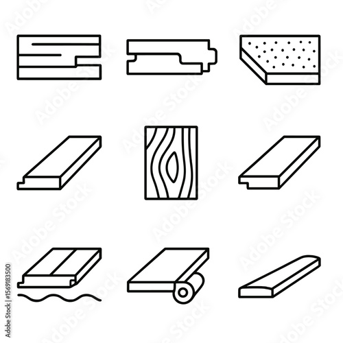 Laminate Flooring Icons. Line style icons of Laminate Flooring Styles: plank joint, tongue and groove, click-lock seam, bevel edge