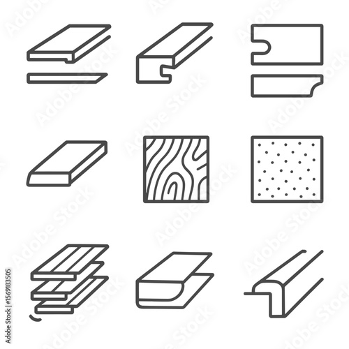 Laminate Flooring Icons. Line style icons of Laminate Flooring Styles: plank joint, tongue and groove, click-lock seam, bevel edge