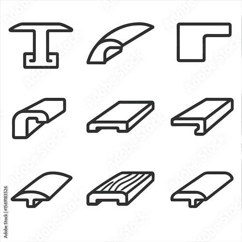 Floor Transition Icons. Line style icons of Floor Transition Strips: T-molding, reducer molding, end cap molding, stair nose,