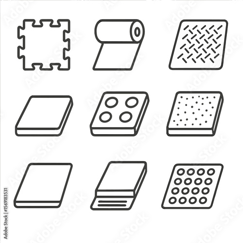 Rubber Flooring Icons. Line style icons of Rubber Flooring Solutions: interlocking tile, roll mat, safety mat, anti-fatigue mat,
