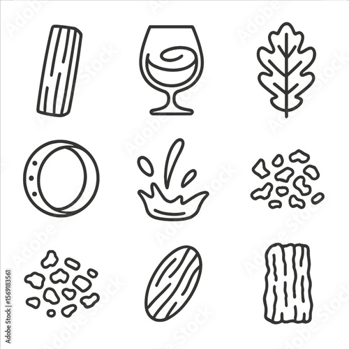 Oak Flavors Icons. Line style icons of Woody Oak Flavors: oak barrel stave, aged wine swirl, oak leaf, whiskey barrel ring, cognac