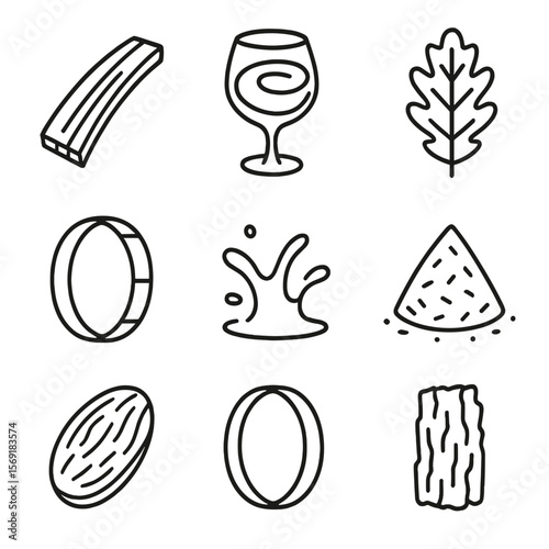 Oak Flavors Icons. Line style icons of Woody Oak Flavors: oak barrel stave, aged wine swirl, oak leaf, whiskey barrel ring, cognac