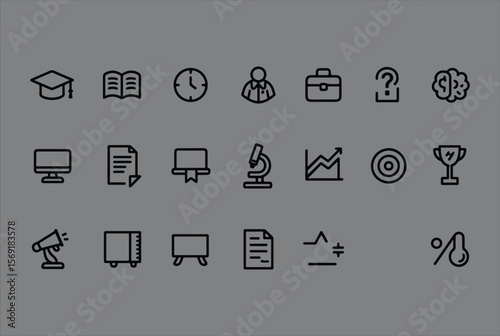 Collection of flat design outline icons representing education business science and achievement on a gray background