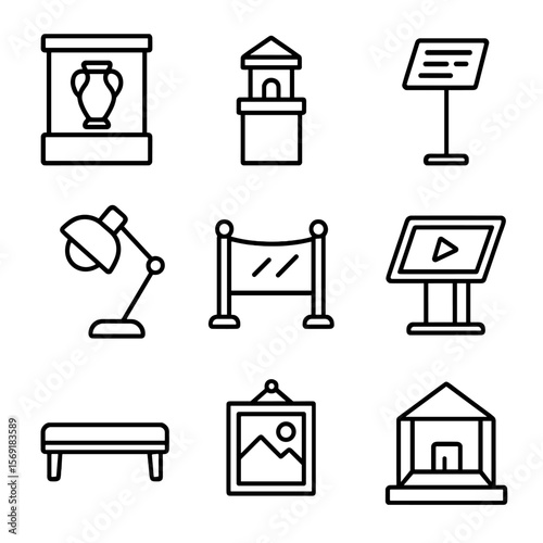 Museum Exhibit Icons. Outline style icons of Museum Exhibit Focal Displays: display case, artifact plinth, info placard, spotlight
