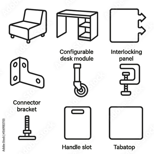 Modular Furniture Icons. Outline style icons of Modular Furniture: modular sofa segment, configurable desk module, interlocking