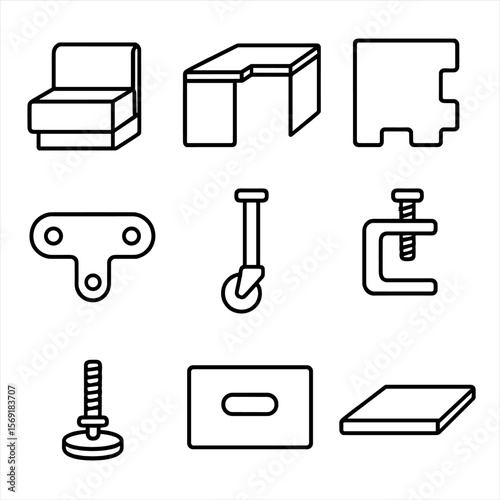 Modular Furniture Icons. Outline style icons of Modular Furniture: modular sofa segment, configurable desk module, interlocking