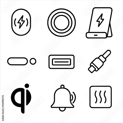 Wireless Charger Icons. Outline style icons of Wireless Charging Stations: induction pad, charging coil, device stand, power