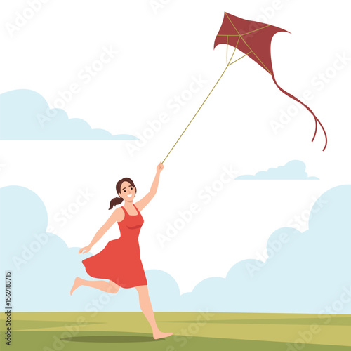Woman Flying a Kite in the Open Field.
