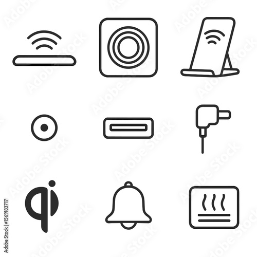 Wireless Charger Icons. Outline style icons of Wireless Charging Stations: induction pad, charging coil, device stand, power