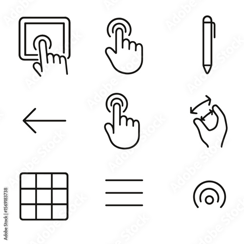 Touch Interface Icons. Outline style icons of Interactive Touch Interfaces: touchscreen panel, gesture icon, stylus pen, swipe