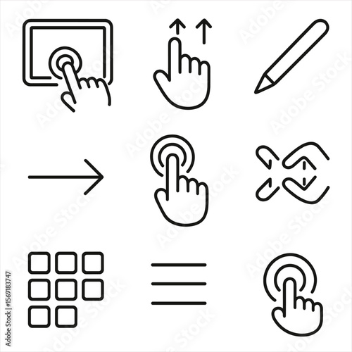 Touch Interface Icons. Outline style icons of Interactive Touch Interfaces: touchscreen panel, gesture icon, stylus pen, swipe
