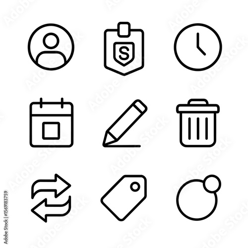 Shift Assignment Icons. Outline style icons of shift assignment board: user avatar, shift badge, clock dial, calendar date, edit