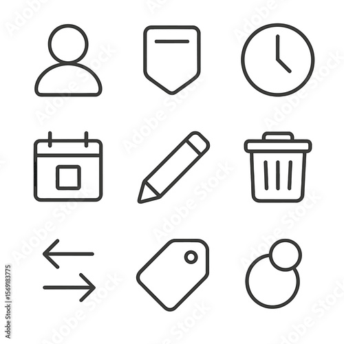 Shift Assignment Icons. Outline style icons of shift assignment board: user avatar, shift badge, clock dial, calendar date, edit