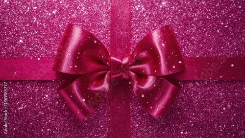 Close-up of shiny pink satin bow tied on vibrant glittery textured gift wrapping paper perfect for birthday presents, celebrations, romantic occasions, festive mood, elegant decoration background