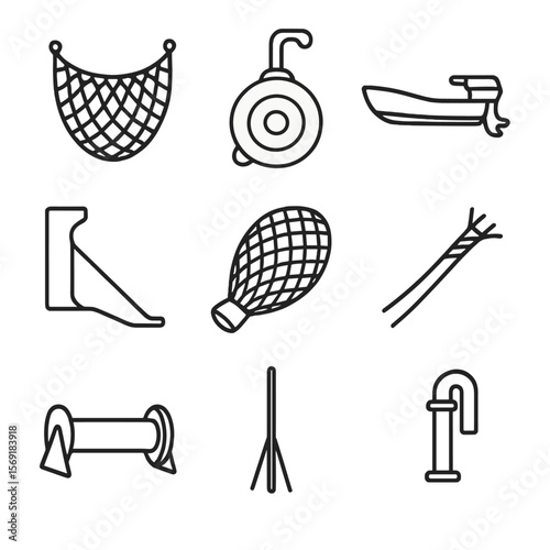 Purse-Seine Vessel Icons. Outline style icons of Purse-Seine Vessels: purse seine net, power block, skiff tender, setting chute,