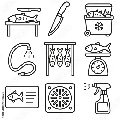 Outline Fish Processing Icons. Outline style icons of Fish Processing Decks: fillet table, gutting knife, ice chest, washdown hose