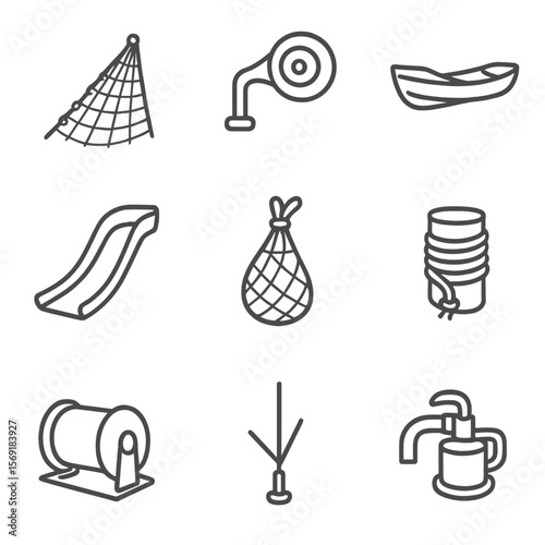 Purse-Seine Vessel Icons. Outline style icons of Purse-Seine Vessels: purse seine net, power block, skiff tender, setting chute,