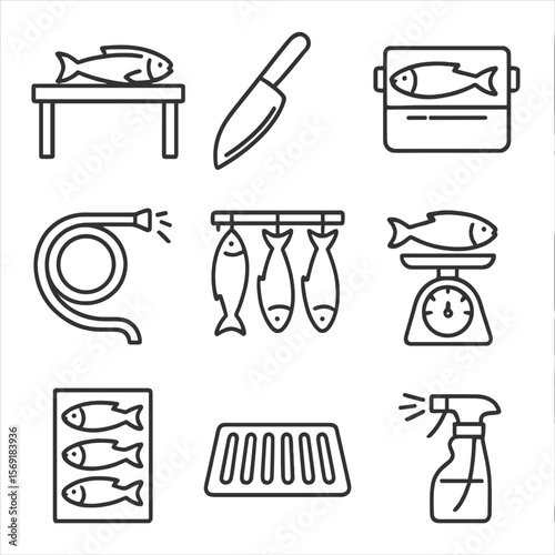 Outline Fish Processing Icons. Outline style icons of Fish Processing Decks: fillet table, gutting knife, ice chest, washdown hose