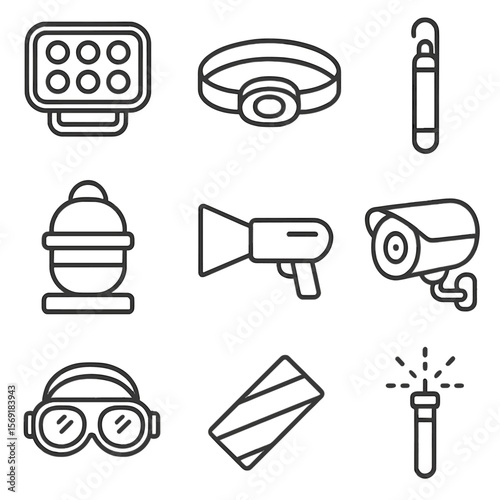 Night-Fishing Gear Icons. Outline style icons of Night-Fishing Gear: deck floodlight, headlamp, glow stick, navigation light,