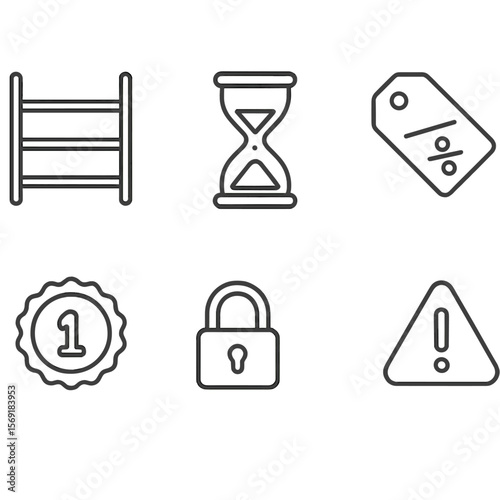 Scarcity Tactic Icons. Outline style icons of Scarcity Tactic: empty shelf, limited stock label, hourglass, sold-out tag, one-of-a